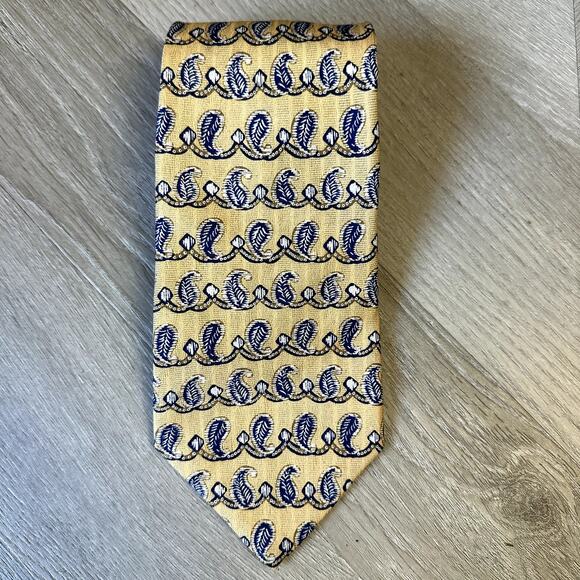 Hickey Freeman Silk Tie Yellow Blue Wave Leaf Scroll Print Vintage 1155 - Picture 1 of 6